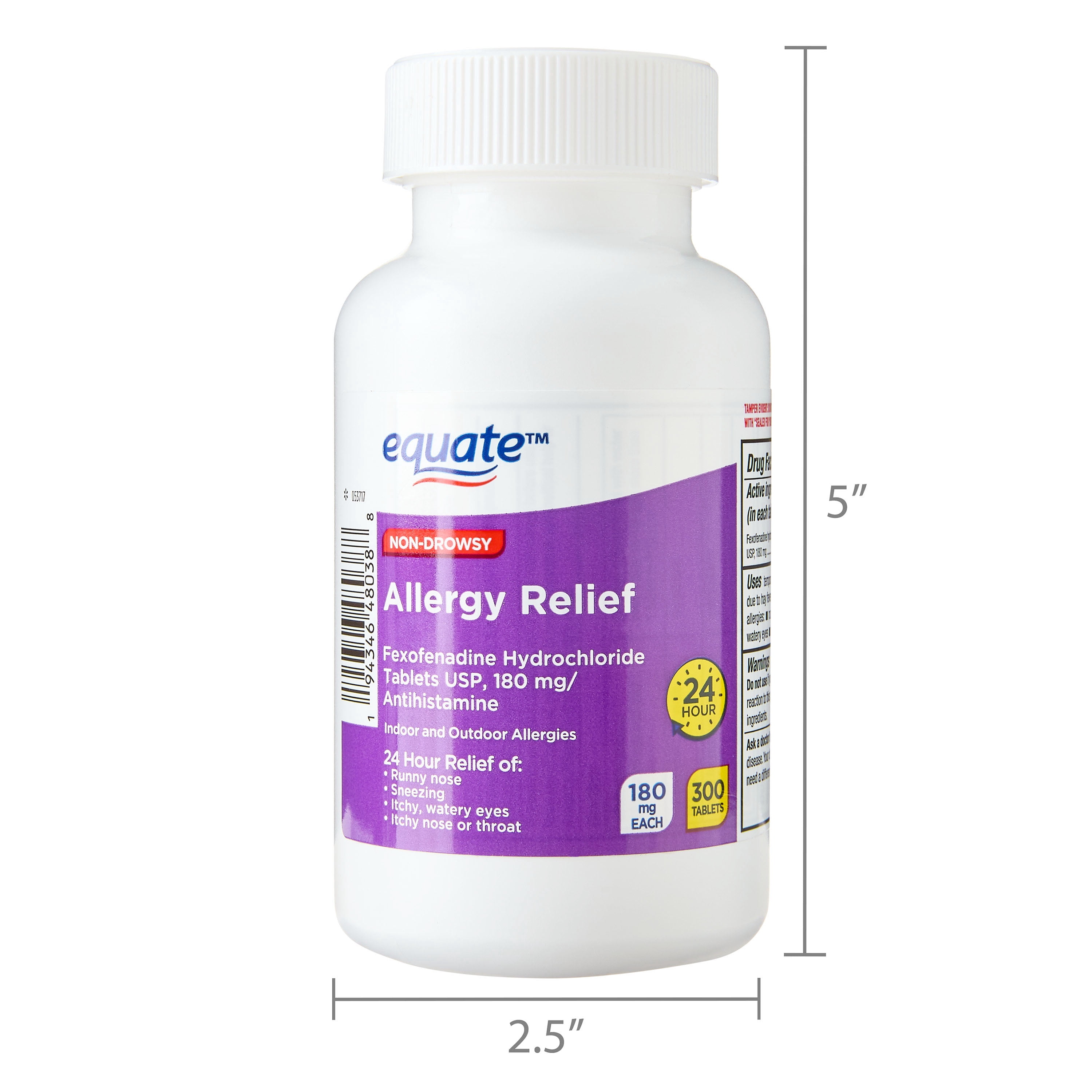 Equate Fexofenadine Hydrochloride USP Non-Drowsy Allergy Relief Tablets, 180 mg, 300 Count