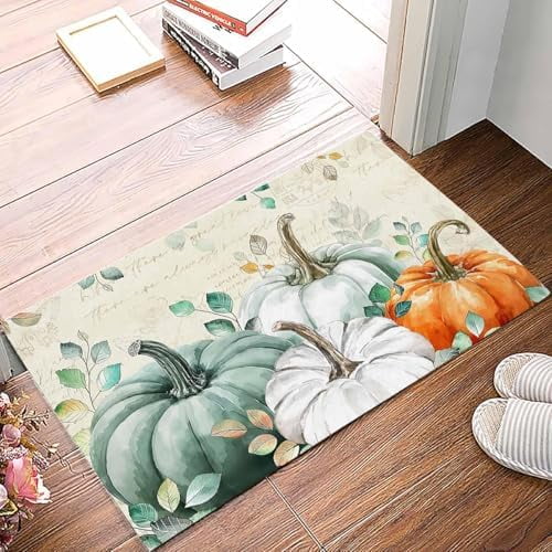 Doormat Indoor Entrance Home Decor Door Mat Teal Orange White Fall Floor Rugs for Kitchen Bathroom Thanksgiving Pumpkins Retro Funny Welcome Front 17x30 Inch.