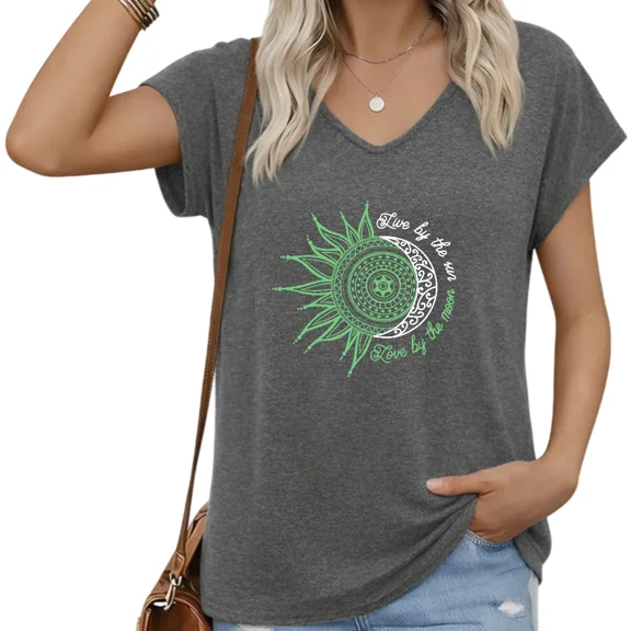 UNISHE Women Dark Gray Sun Moon Print V-Neck Short Sleeve T-Shirt Casual Loose Summer Top