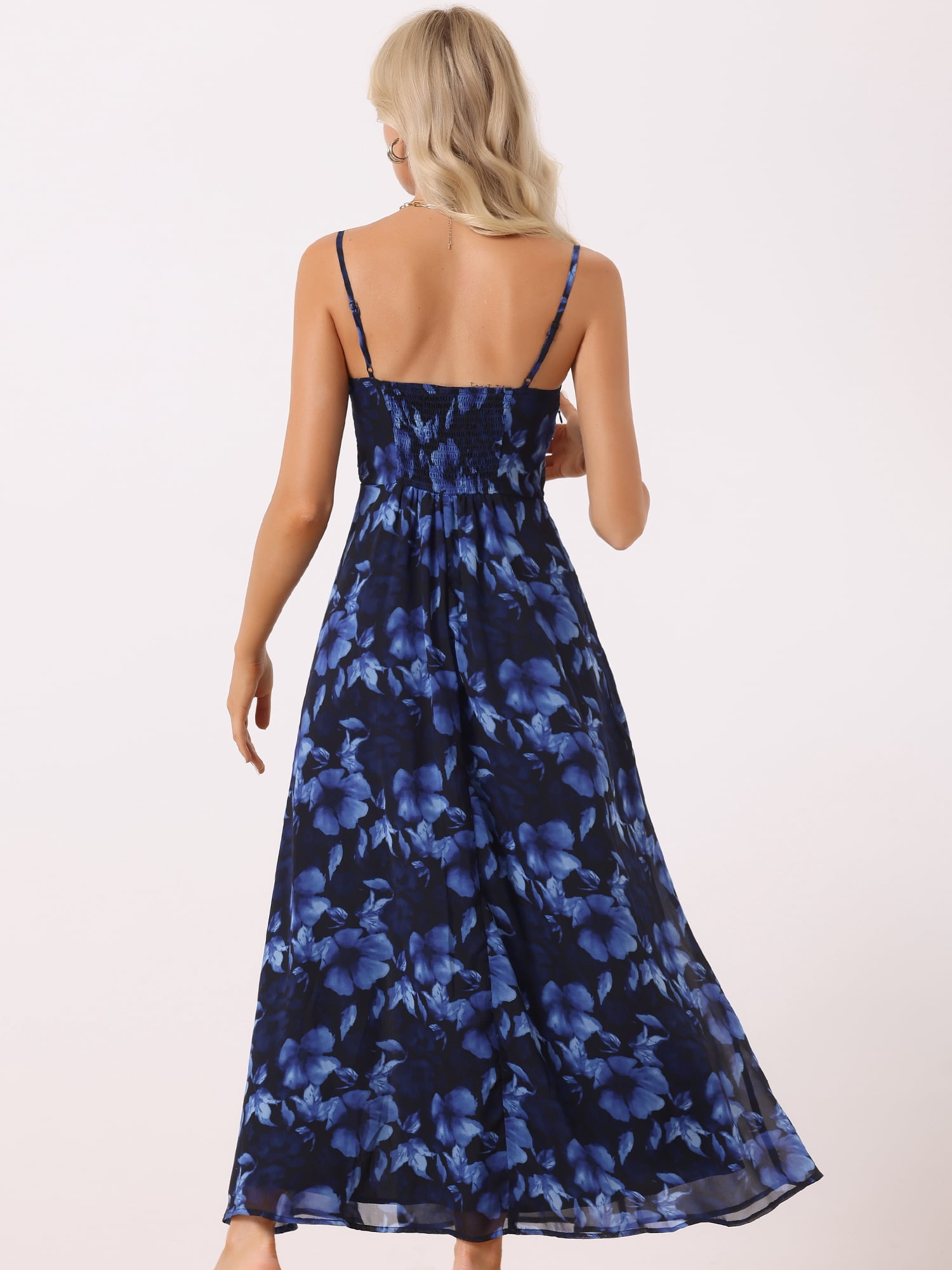 DARING DIVA Floral Print Pleated Back Neck Split Elegant Maxi Dress XS Navy Blue