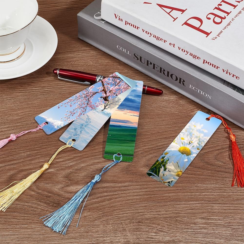 50Pcs Sublimation Blank Bookmark Heat Transfer Metal Bookmarks Personalized Tassels Blank Bookmarks Bulk DIY Bookmark with Hole and Colorful Tassels for DIY Crafts Book Lovers Readers Gifts