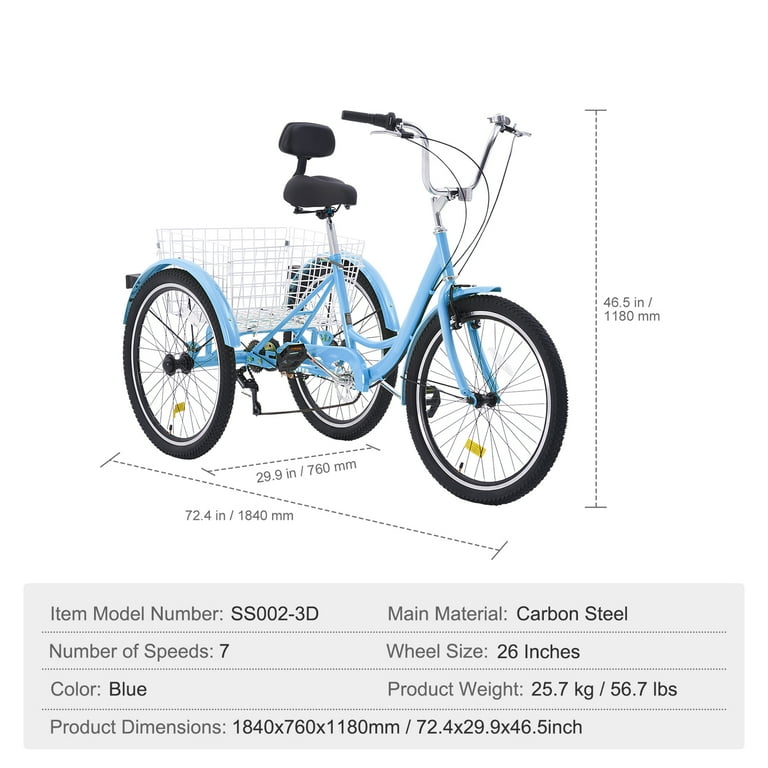 KFFKFF Mature Trike, 20 Inch Triple-Wheeled Cycle, Trio Wheel