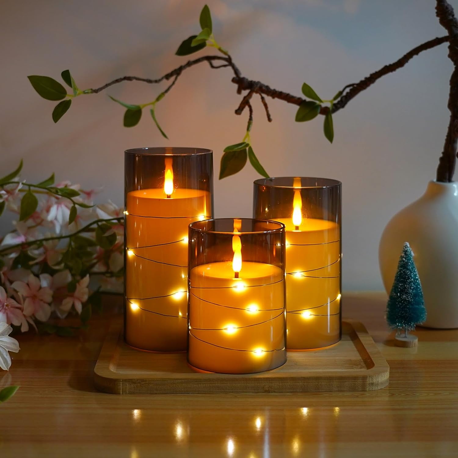 DICEEVIL 5 Pcs Flameless Candles with Embedded Star String, Battery Operated Candles Acrylic LED Pillar Candles with Timer and Remote, Flickering Candle for Romantic Ambiance Home Decoration (Grey)