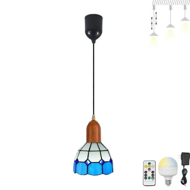 FSLiving Battery Rechargeable Operated Pendant Light with Remote,Tiffany Hanging Light with Freehand Blue Glass Shade,Adjustable Height RGB Color,Timer,Dimmable Lamp for Corner Decor - 1 Light
