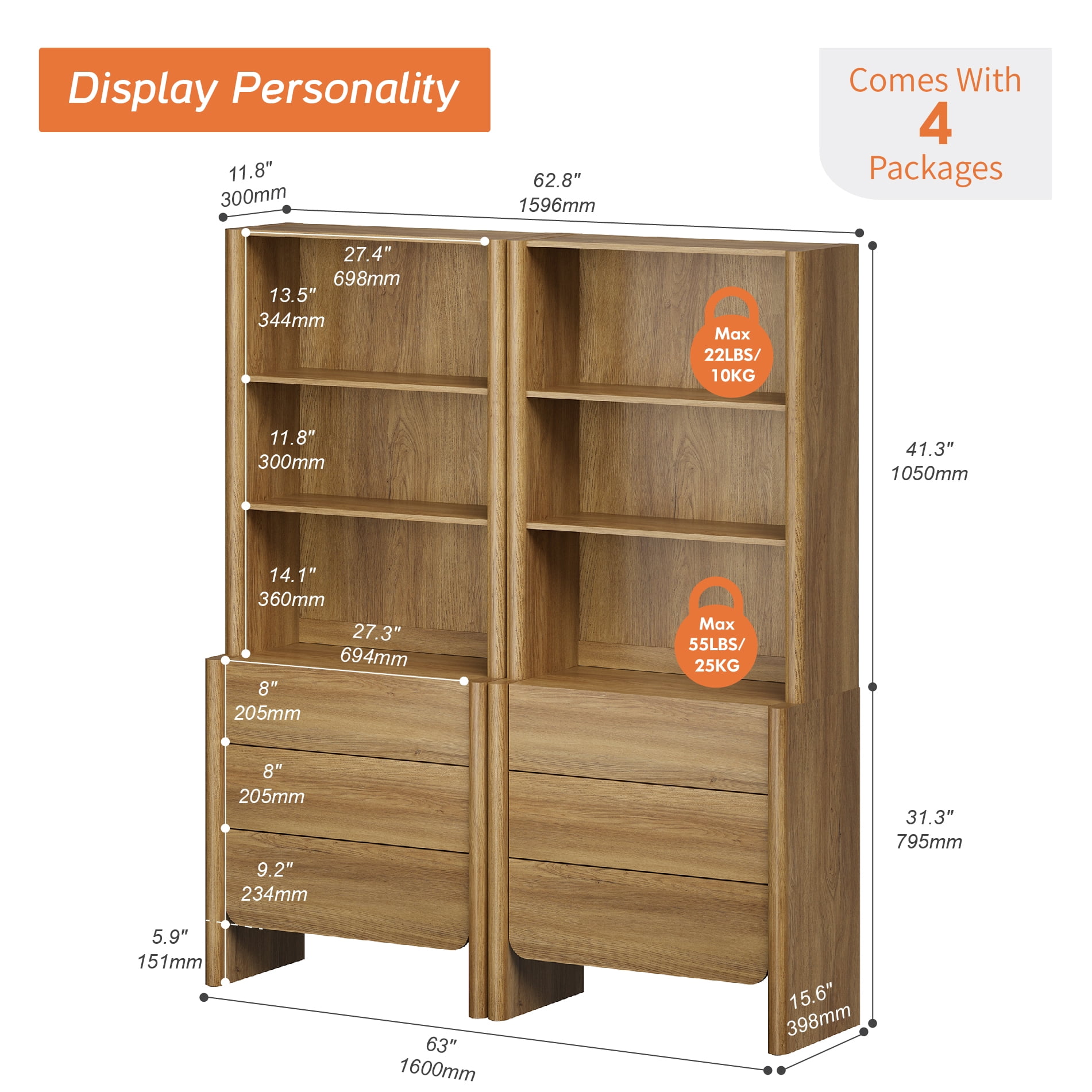 63-Inch Modern French Bookcase with Curved Edges, 6 Drawers and Open Shelving, 72.8" Tall, Walnut