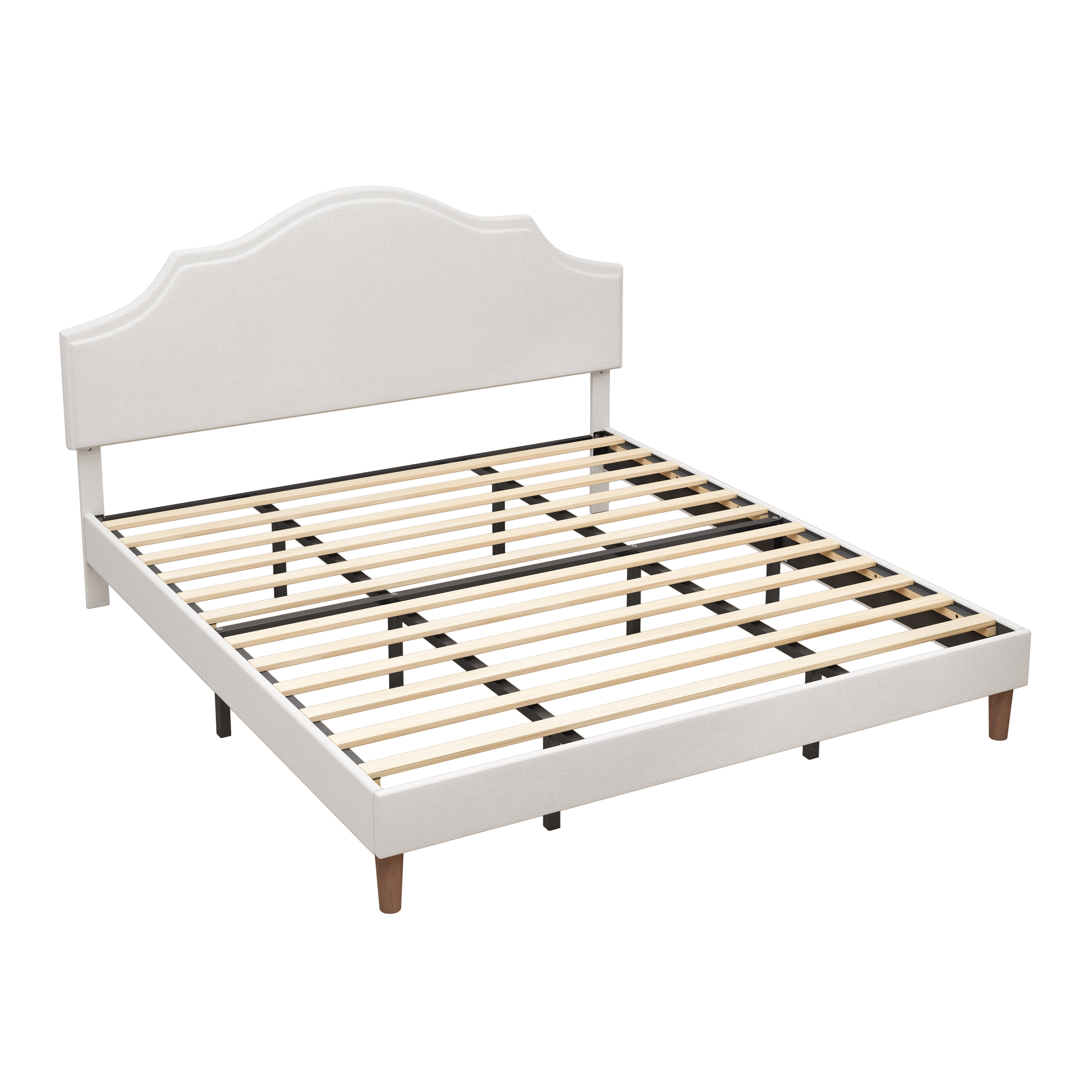 King Size Bed Frame Upholstered Platform Bed with Adjustable Headboard,Linen Fabric Padded,Modern Simple Style Platform Bed No Box Spring Needed, Easy Assembly, White
