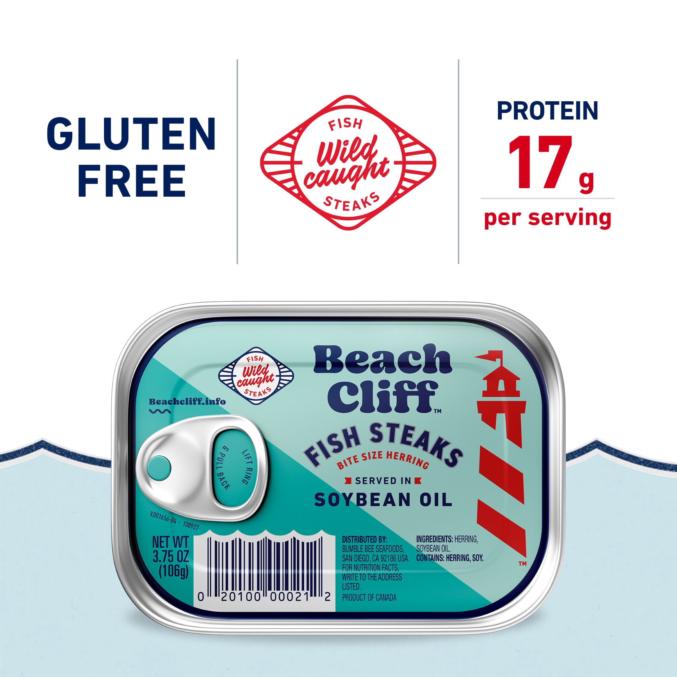 (2 pack) Beach Cliff Wild Caught Fish Steaks in Soybean Oil, Gluten Free, 17g Protein Per Serving, Bite Sized Herring, Shelf Stable Tin Can, 3.75 oz