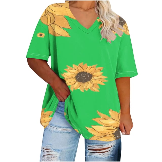 Camisetas Casuales de las Mujeres de Manga Corta de Cuello en V Oversized Camiseta Deportiva de Verano, Top Impreso Casual