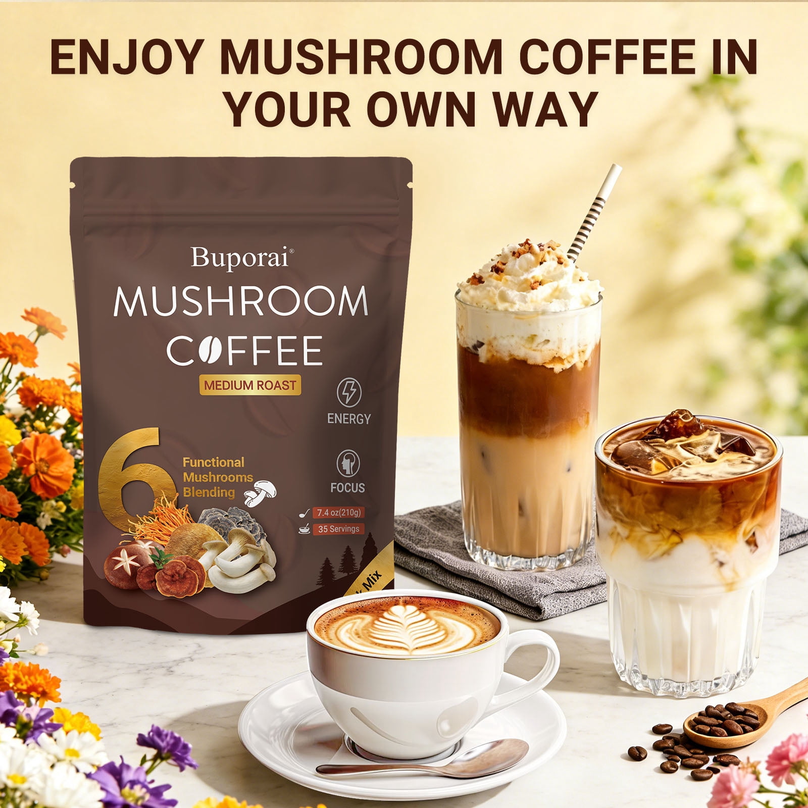 Mushroom Coffee - Instant Coffee - with Lion’s Mane, Cordyceps, Turkey Tail & Other - for Energy, Focus, Digestion, Immunity - 35 Servings (7.4oz)