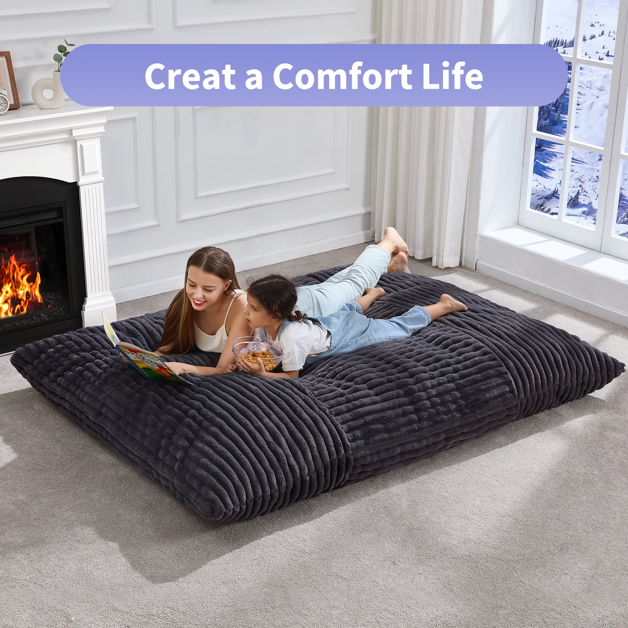 3 in 1 Giant Bean Bag Chair Convertible Bean Bag Chairs with Machine Washable Cover Large Beanbag Chairs for Adult (Dark Grey)