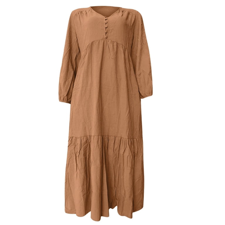 V Neck Summer Dress Cotton House Dresses Autumn Womens Button Cotton Retro  Casual Long Sleeve Dress Dress for Women Party Night Girls Fall Maxi Dress  - Walmart.com