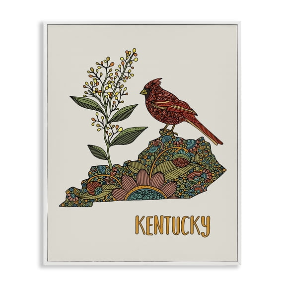 Stupell Industries Eclectic Kentucky State Cardinal Blooming Goldenrod Flower Pattern White Framed Giclee Art, 16 x 20, by Valentina Harper
