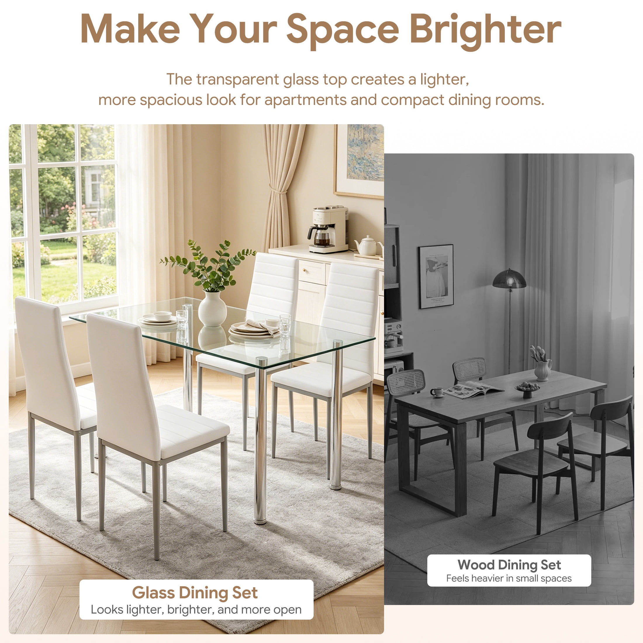 UHOMEPRO White Kitchen Table Set, 5 Pieces Dining Table Set, Tempered Glass Dining Table and Chairs Set for 4, Upgraded Iron Dining Room Table Set with 4 PU Leather Chairs