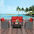 thumbnail image 4 of Patiojoy 4-Piece Rattan Wicker Patio Outdoor Furniture Sofa Set with Cushions & Tempered Glass Table Red, 4 of 10