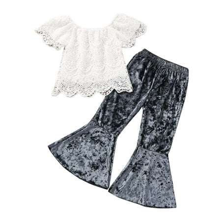 

Fesfesfes Toddler Baby Girl Summer Outfits Lace Short Sleeve Flared Velour Pants Suit
