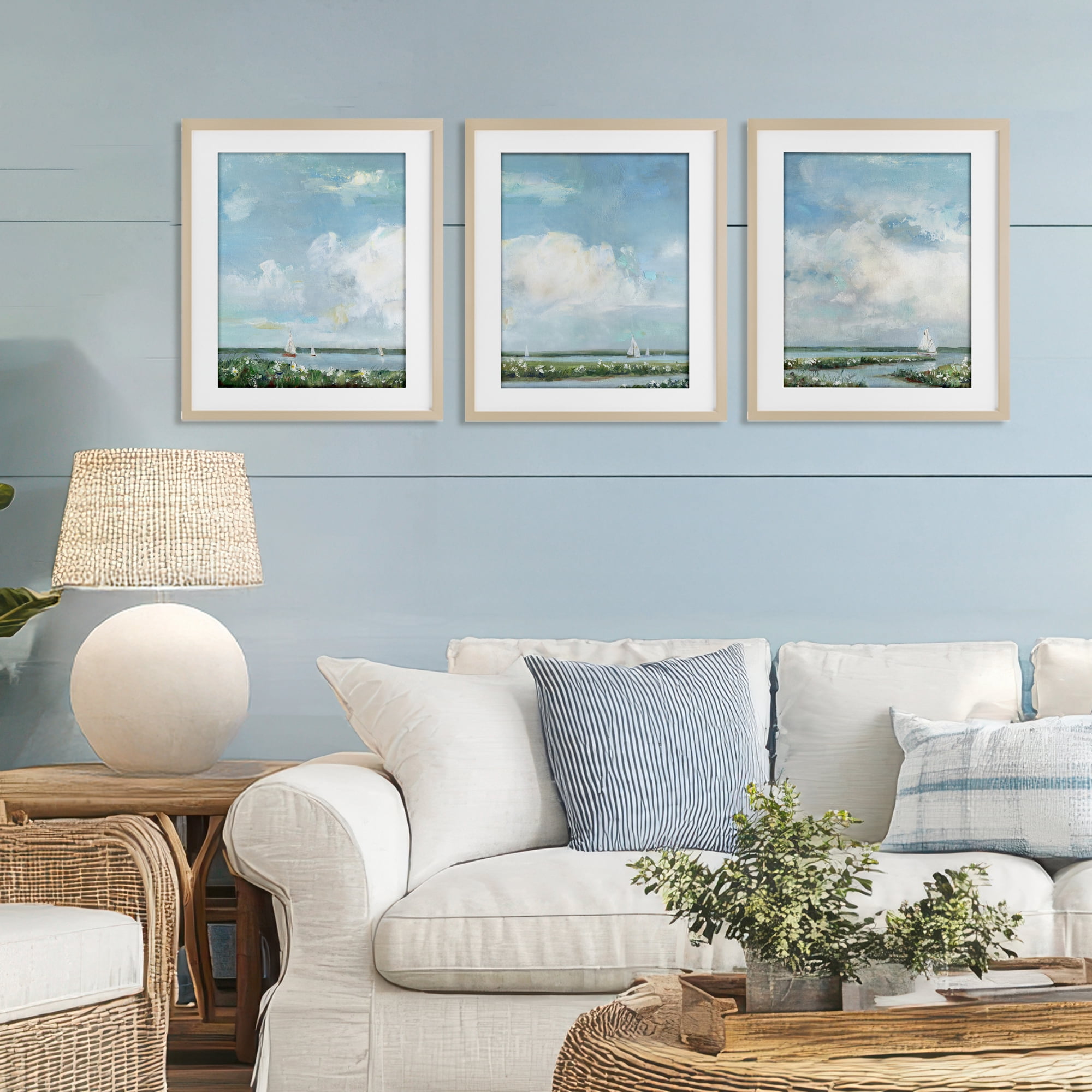 Stupell Industries Daisies Along Calm Coastline 3 Piece Birch Framed Print Under Glass Set, design by Sally Swatland