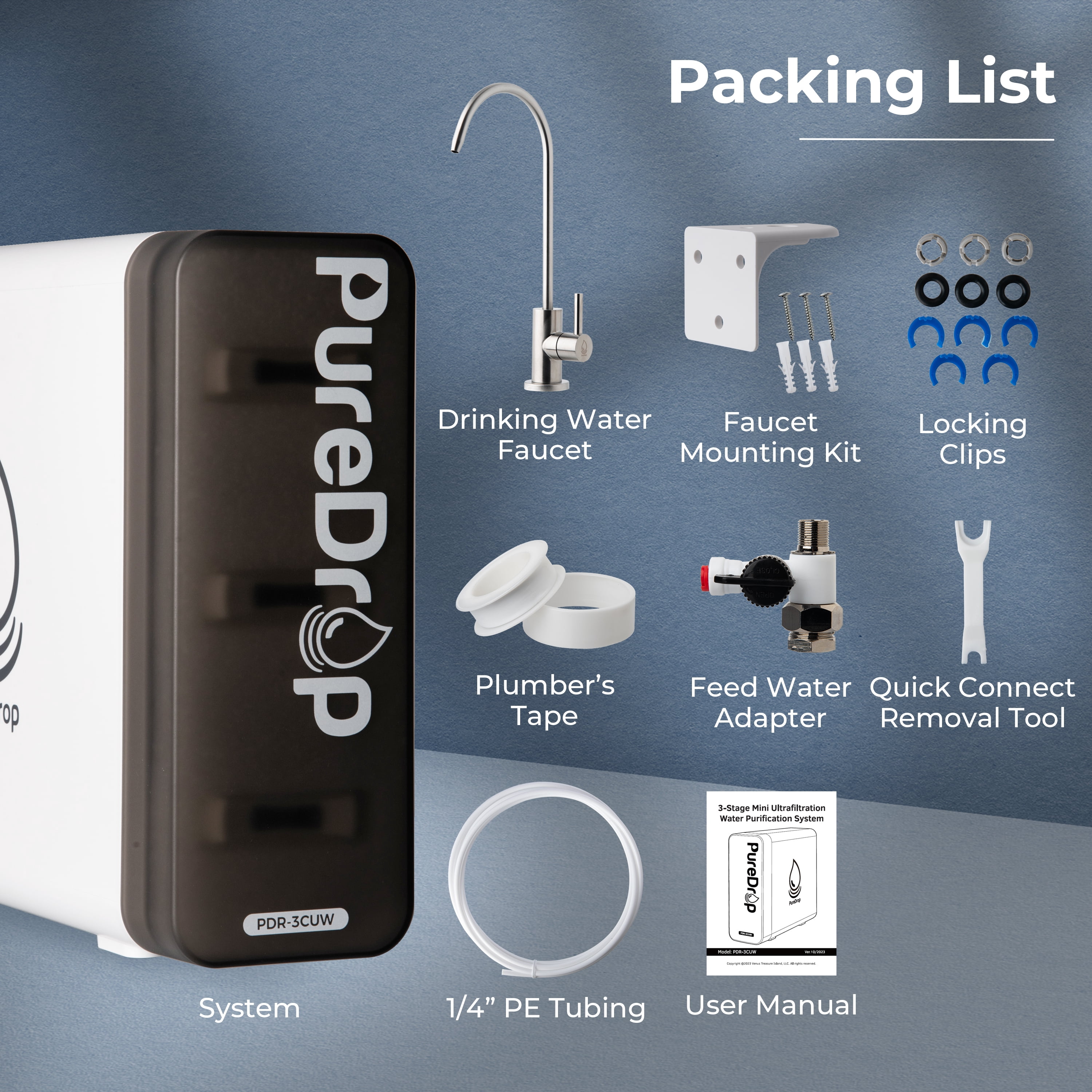 PureDrop PDR-3CUW 0.01μm Ultra-Filtration Under Sink Water Filter System, Tankless 3-Stage Compact Undersink Water Filtration, Removes Chlorine, Bad Taste & Odor, No Waste Water