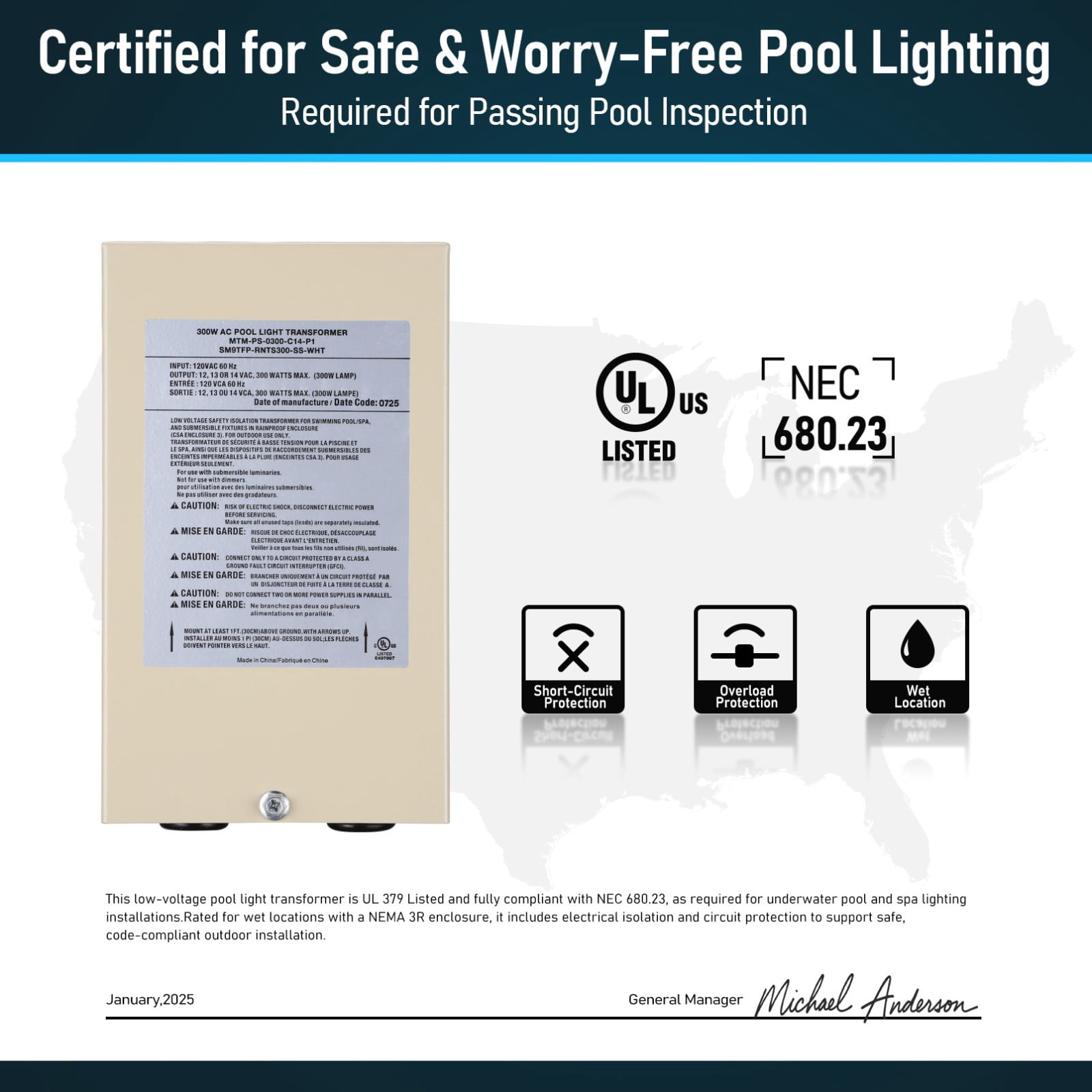 2 Pack 300W AC Pool Light Transformer, 120V to 12V/13V/14V Multi-tap Low Voltage Transformer for Swimming Pool Lighting, Circuit Protection, UL Listed & NEC 680.23