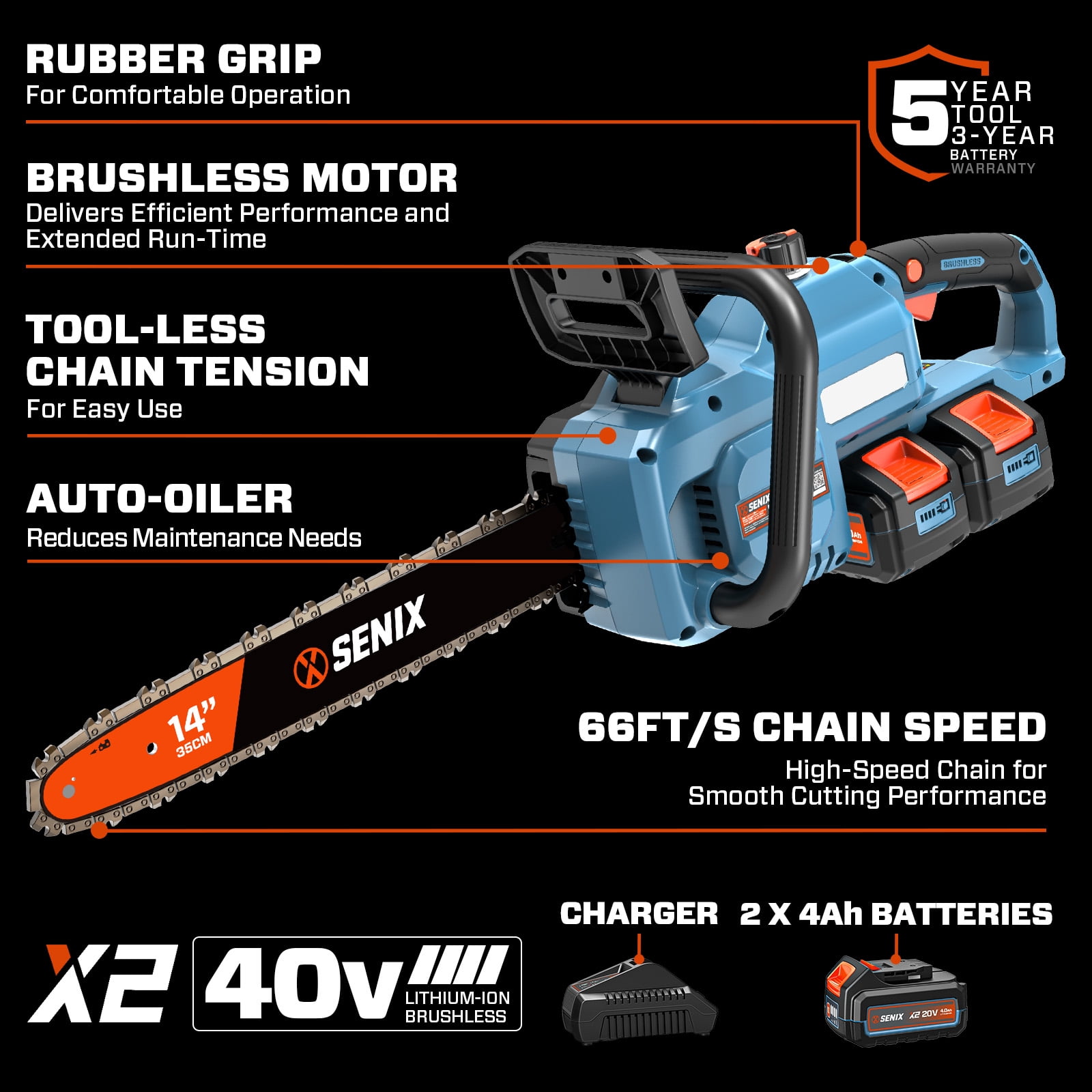 Senix 40V 14-Inch Brushless Cordless Chainsaw w/ Auto Oiler & Tool-Free Tension, 2 x 4Ah Batteries & Charger