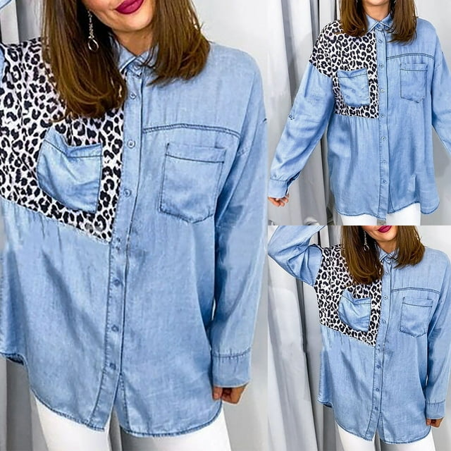 CEHVOM Cardigan à Manches Longues en Denim pour Femmes avec Coutures Léopard et Boutons Simples