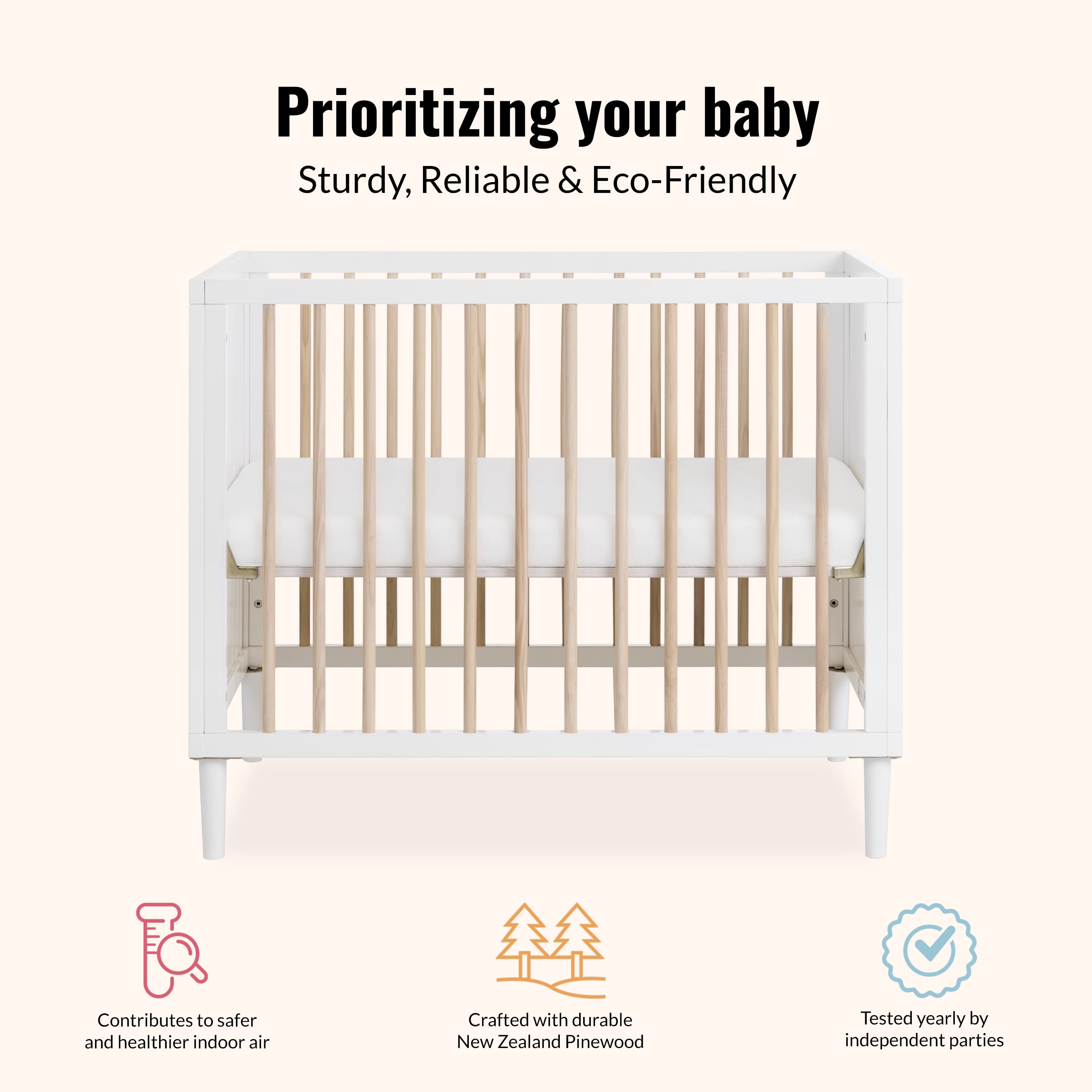 Dream On Me Lucas Mini Modern Crib With Rounded Spindles I Convertible Crib I Mid- Century Meets Modern I Portable Crib, White Vintage Oak