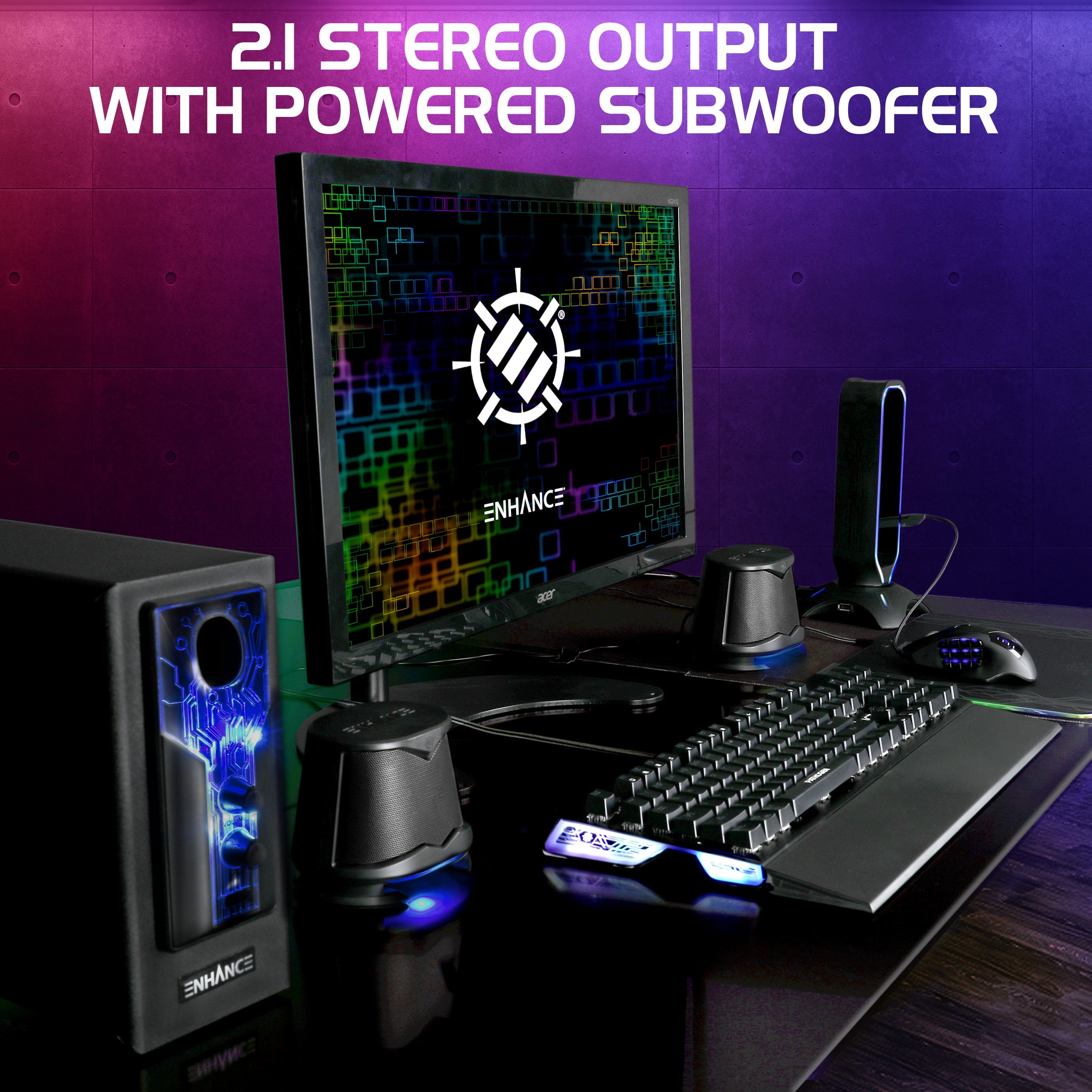 ENHANCE 2.1 High Excursion Computer Speakers with Subwoofer - Blue LED Gaming Speakers
