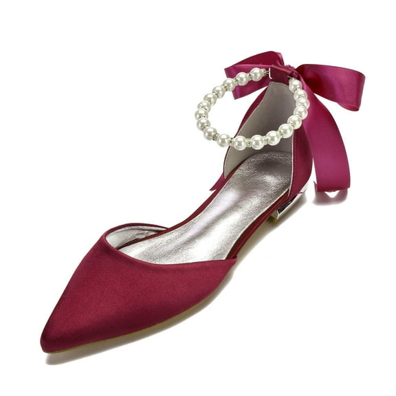 LLBubble Women Satin Pearls Wedding Flats Shoes for Bride Pointed Toe Prom Evening Bridal Party Dress Flats-Burgundy-11