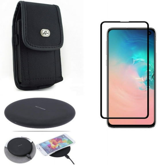 Galaxy S10e Wireless Charger w Case Belt Clip w Screen Protector - Fast 7.5W and 10W Charging Pad, Rugged Holster Canvas, Tempered Glass 5D Curved Edge for Samsung Galaxy S10e Phone