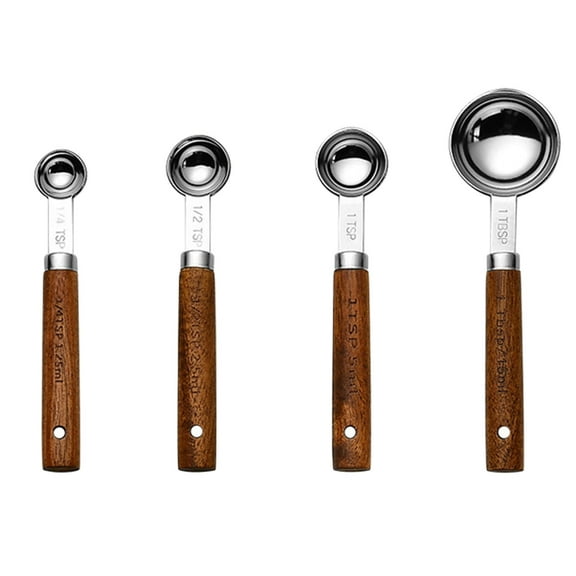 Mupvlun 4-Piece Stainless Steel Measuring Cup Spoon Set, Kitchen Utensils for Home Baking, Wooden Handle, Measuring Spoons Silver2