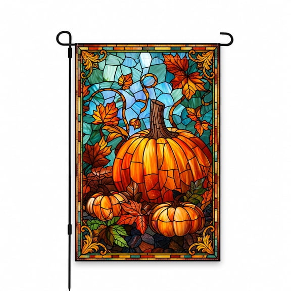 Stained Glass Fall Pumpkin Garden Flag 12x18 Inch - Autumn Leaves Thanksgiving Yard Decor for Patio, Lawn, Porch Display - Outdoor Seasonal Decoration
