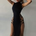 thumbnail image 2 of TIHLMK Black Dress Ladies High-Neck Solid Color Slim High-Slit Lace-Up Vest Dress, 2 of 9