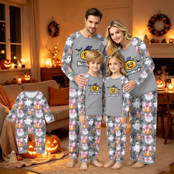 Halloween Family Pajamas Set Raglan Sleeve, Soft Matching Halloween Pajamas with Pumpkin Bow Ghost Print, Cute Family Halloween Pajama Set Sleepwear