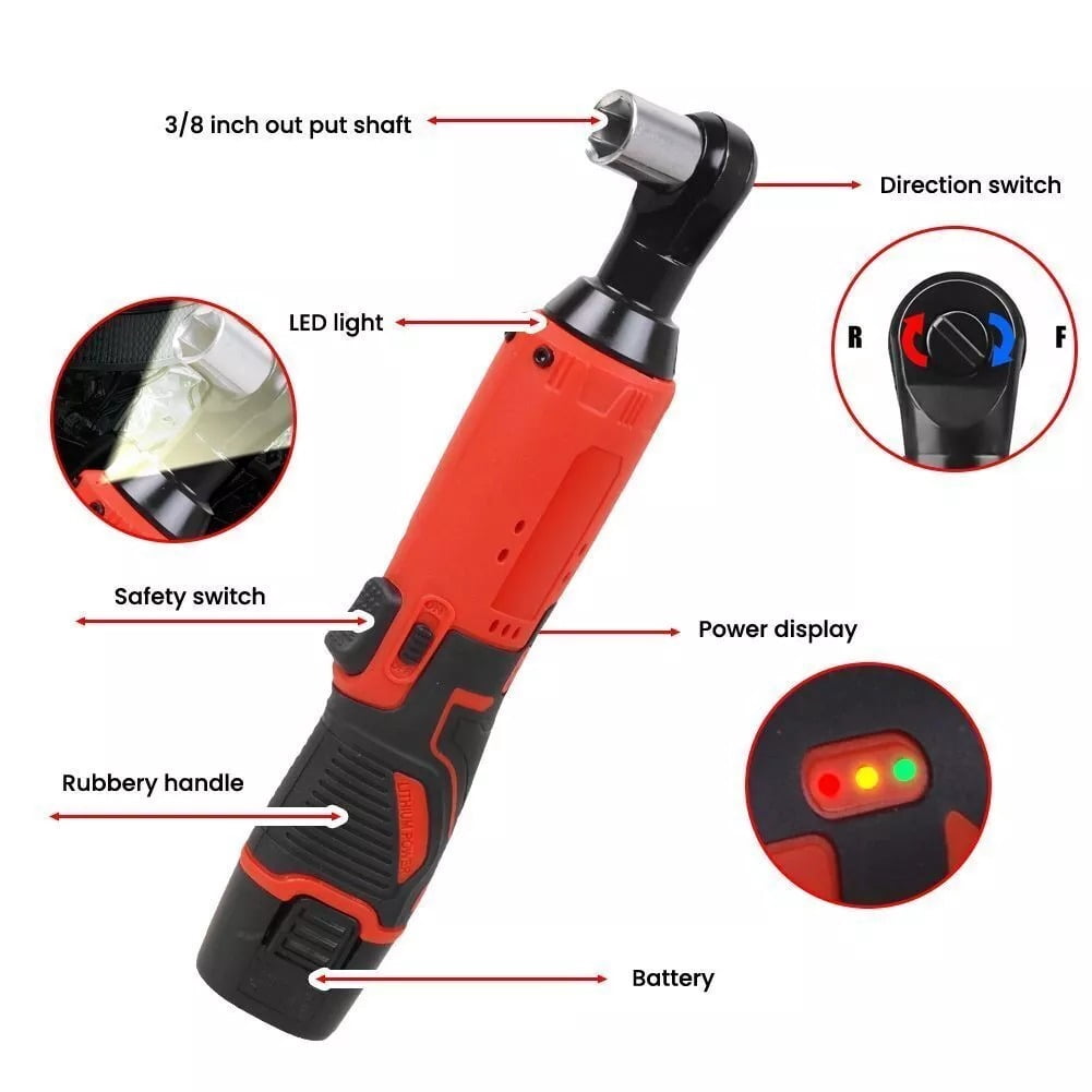 Electric Cordless Ratchet 3/8" Right Angle Wrench Impact Power Tool + 2 Batteries, High Torque, Versatile Uses for Car Repair & Construction, Easy Operation