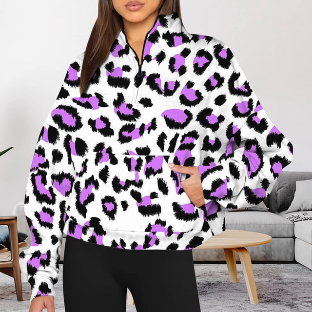 2023 Chandail en Molleton Mode pour Femmes 50 % de Réduction Liquidation Mode Automne Hiver Imprimé Léopard Décontracté Sport Col Rond Survêtements Manches Longues Col à Revers Fermeture Éclair Chandails à Capuchon