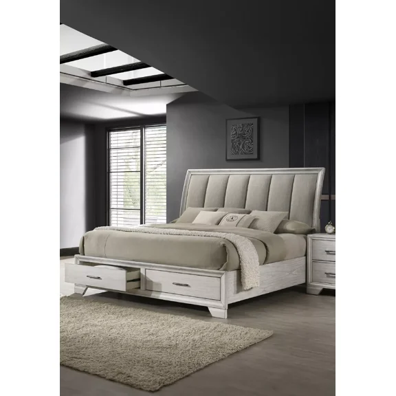 Beautiful 1pc White Cream Finish Storage Platform Queen Bed Solid Wood Bedroom Furniture