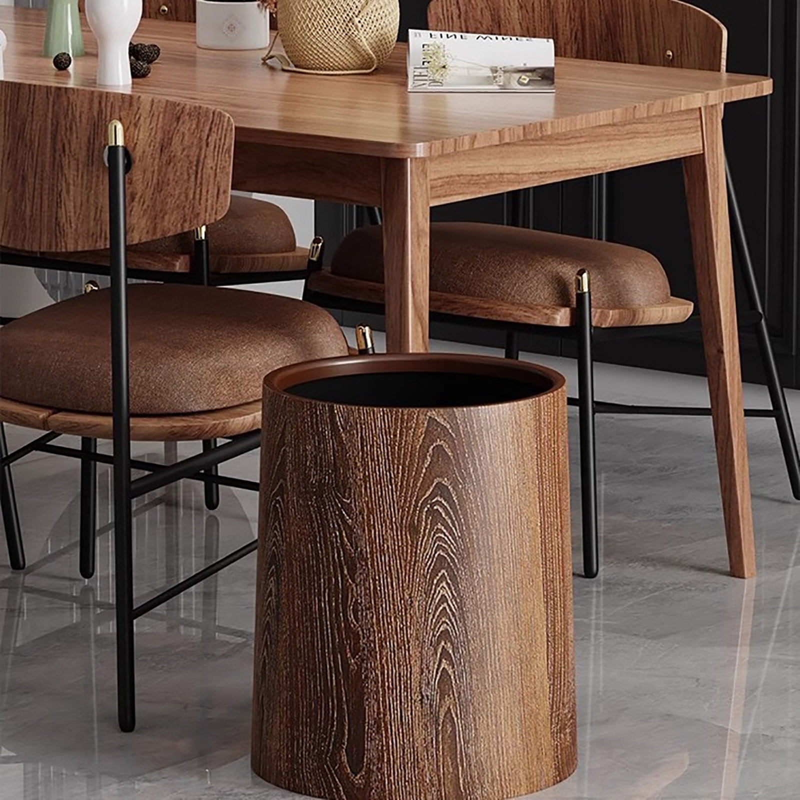 Tgbvmt Vintage Wood Grain Flip Lid Trash Can Large Capacity Odor Blocking Wastebasket Round Clamshell Garbage Bin for Living Room Kitchen Office Bathroom Hotel Home Waste Organization