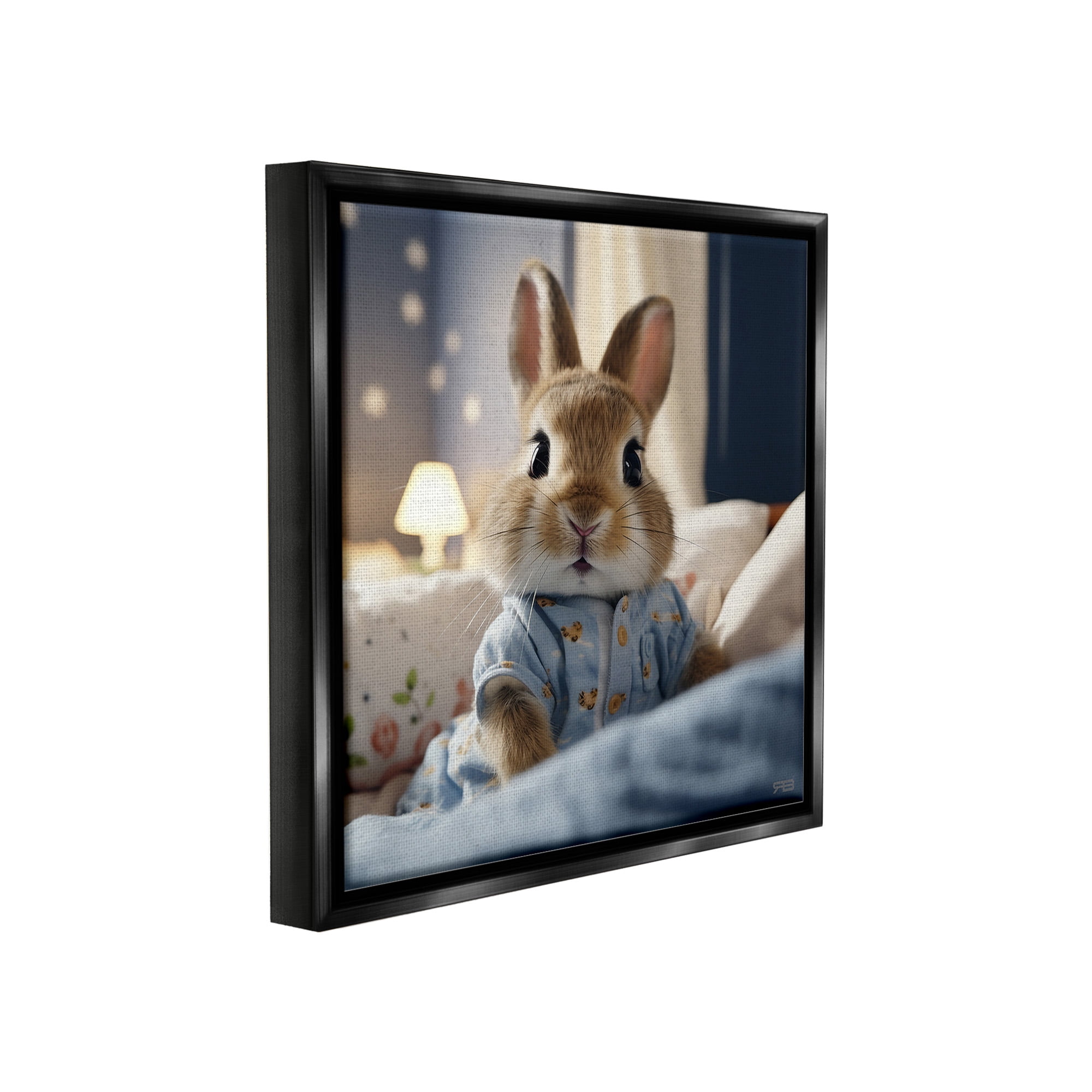 Stupell Industries Bunny in Pajamas Animals & Insects Painting Black Floater Framed Canvas Art Print Wall Art, 25 x 25