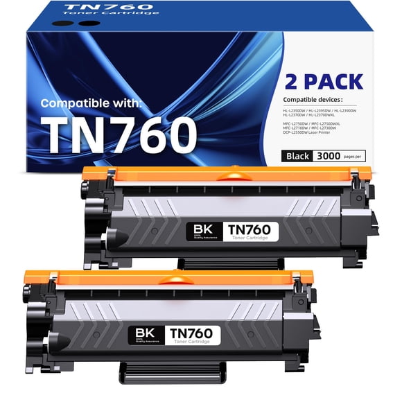 [with Chip] TN760 2PK Toner Cartridge Replacement for Brother High Yield TN-760 TN730 Toners| Compatible with DCP-L2550DW HL-L2350DW HL-L2370DW HL-L2390DW HL-L2395DW MFC-L2750DW