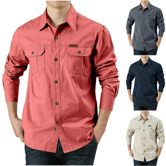 Fengqque Men's cotton Button Down Shirts Jackets Casual Long Sleeve Lightweight Overshirts with Flap Pockets Red 10(XL)