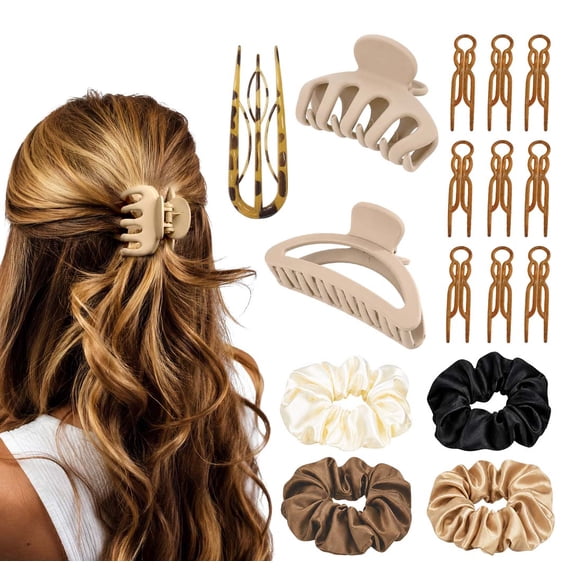 Gocvo 16pcs Hair Accessories for Women - Silk Scrunchies, Plastic Magic U-Shaped Pins for Buns & Claw Clips for Styling