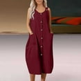 thumbnail image 2 of Summer Dress Saving! Jerdar Dress for Women Solid Leisure Pockets Button Cotton Linen Round-Neck Sleeveless Dress Wine L, 2 of 5
