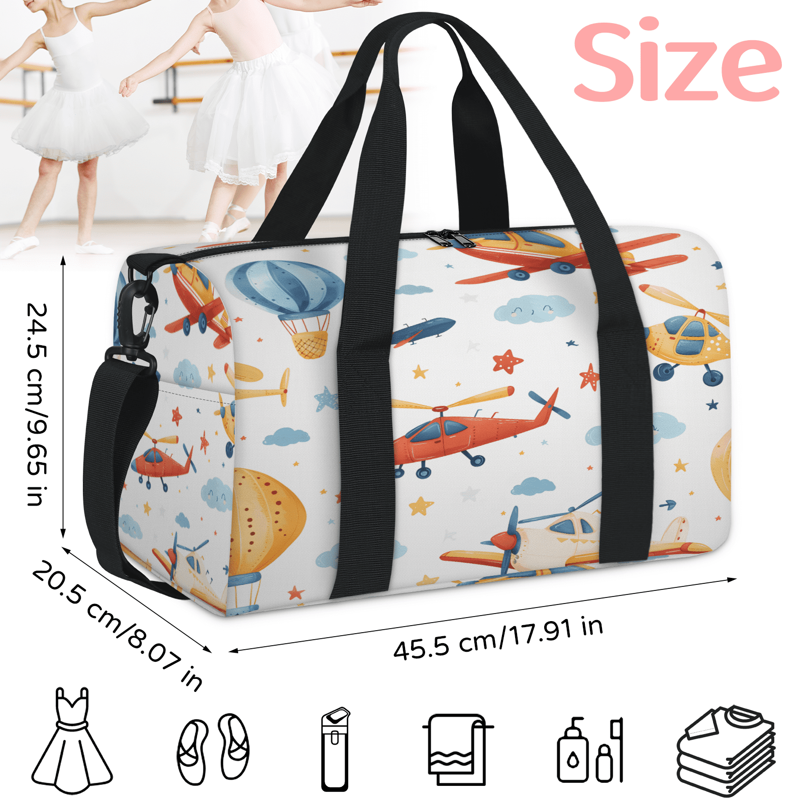 Herdesigns Airplane Gym Bag for Women, Duffle Bag for Travel Sport, Plane Lightweight Waterproof Carry on Weekender Dance Yoga Workout Bags