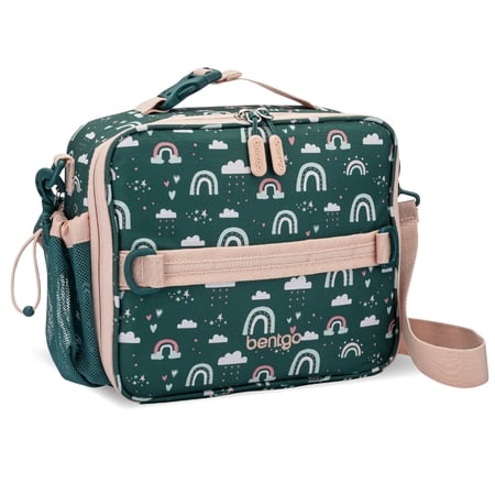 Bentgo Kids Lunch Bag - Double-Insulated Reusable Lunch Bag for Kids 3+ with Adjustable Strap; Holds Lunch Box/Water Bottle/Snacks; Easy-Clean Water-Resistant & Pockets (Green Rainbow)