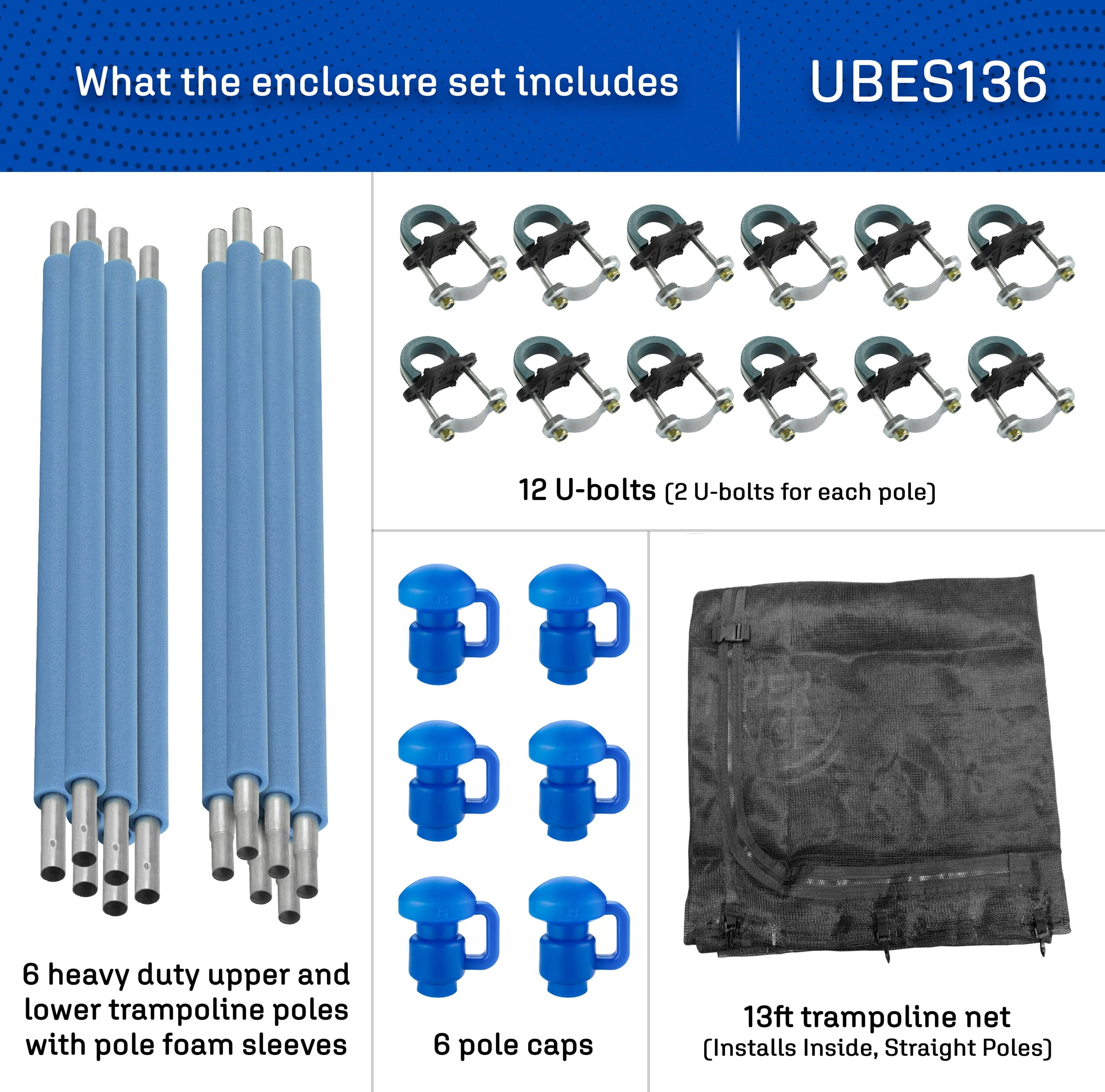 Machrus Upper Bounce Trampoline Safety Enclosure Set – Includes Net, 6 Poles, Foam Sleeves, Caps, and U-Bolts – Fits 13ft Round Trampoline for Kids and Adults