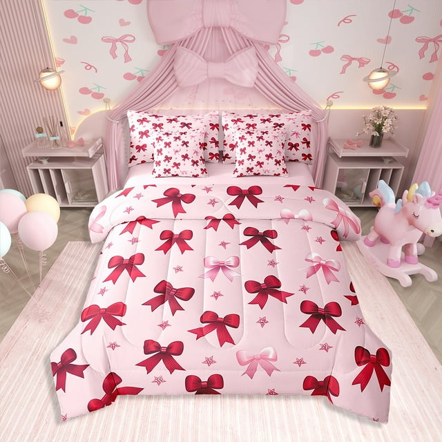 Erosebridal Kids Red Ribbon Bed in a Bag King size, Cute Bow Bed Set, Cartoon Bow-tie Decor, Reversible 7pcs