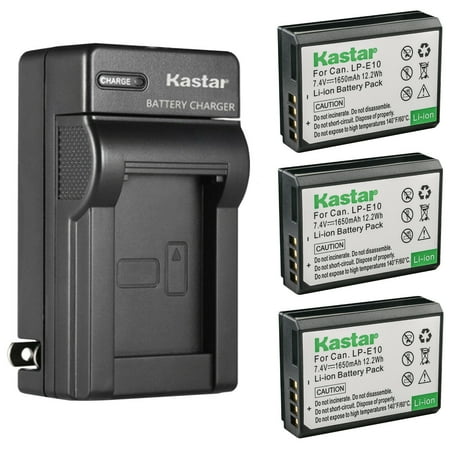 Kastar 3-Pack Battery and AC Wall Charger Replacement for Canon LP-E10 LPE10 Battery Canon LC-E10 LC-E10N Charger Canon EOS 3000D EOS Kiss X50 EOS Kiss X70 EOS Kiss X80 EOS Kiss X90 DSLR Camera