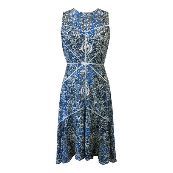 TAYLOR Womens Navy Stretch Zippered Lace Detailed Stitching Floral Sleeveless Jewel Neck Midi Party Sheath Dress 4