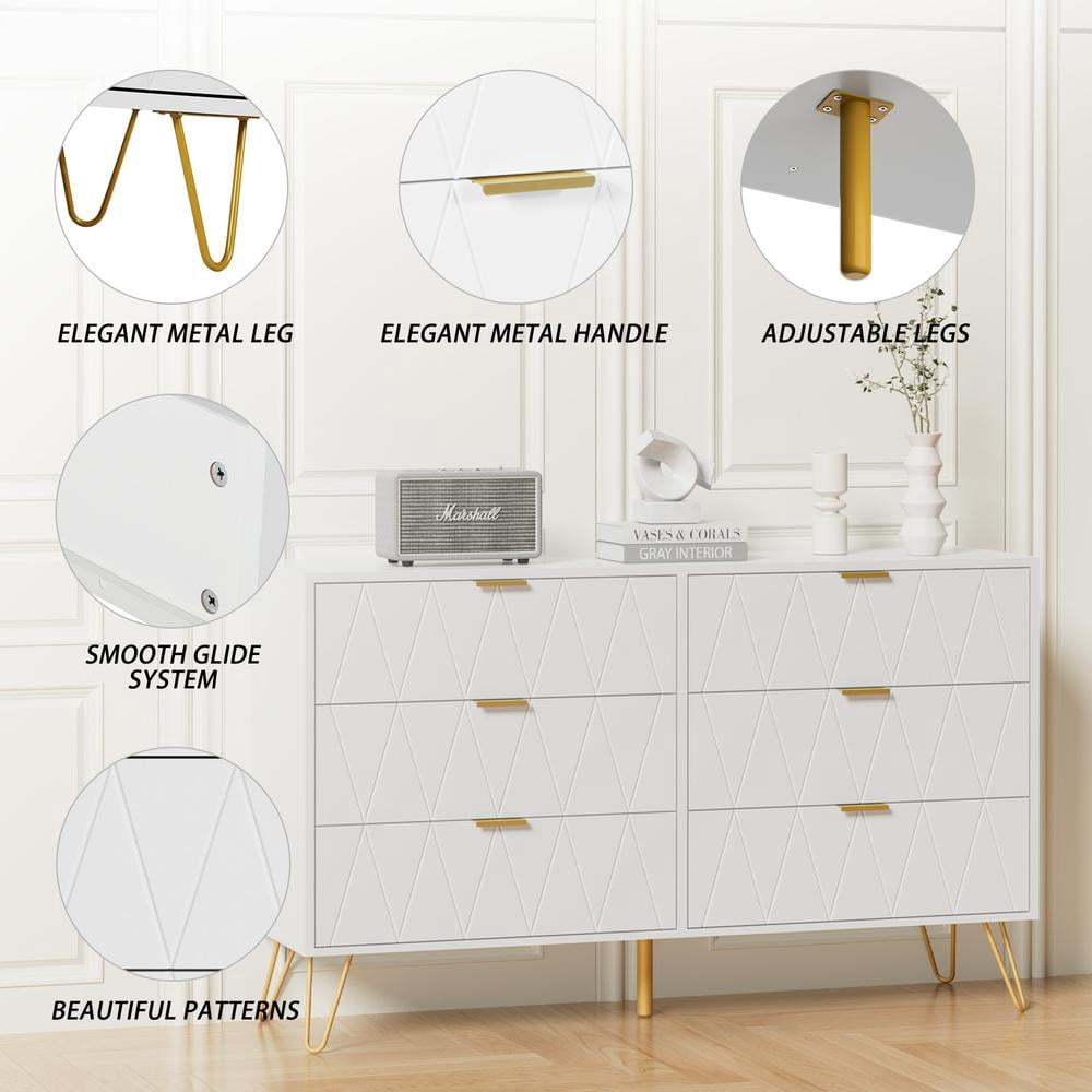 Eclife 48" Large 6-Drawer Double Dressers Chest for Bedroom Wood Top Metal Handles for Living Room Home