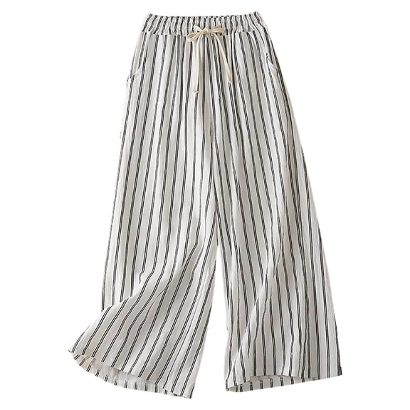 KHONTS Women's Casual Linen Pants Striped High Waist Wide Leg Slacks Lightweight Palazzo Culotte Trousers White XL