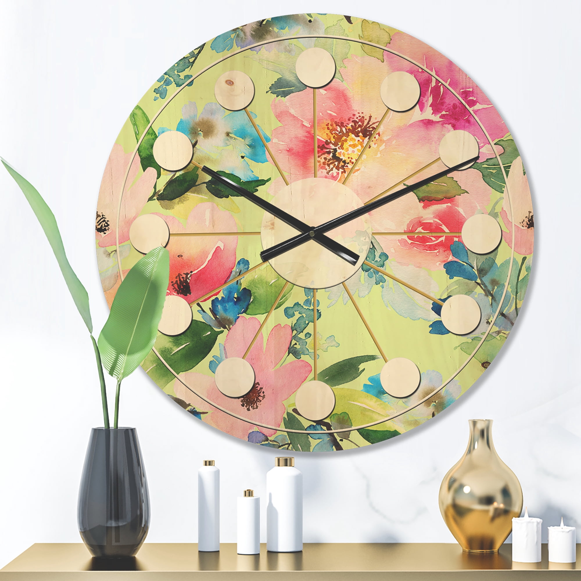 Designart 'Botanical Floral Retro IV' Mid-Century Modern Wood Wall Clock